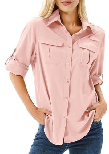 Winebox Women's UPF 50 Shirts Long Sleeve Sun Protection UV Quick Dry Casual Outdoor Safari Walking Fishing Hiking Travel Shirts(Pink-m)