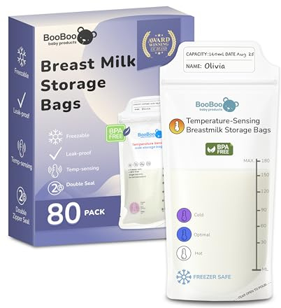 Booboo® x80 Breast Milk Storage Bags, Temp-Sensing Breastmilk Storing Bag, Self Standing, No-Leak Milk Freezer Suitable Storage Pouches for Breast Milk Storage