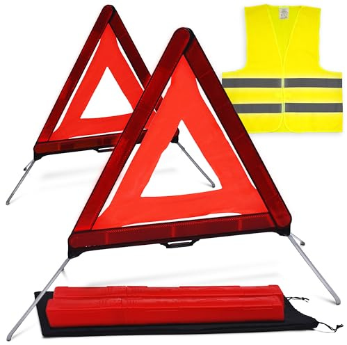 SUPERPLAQUE DEPUIS 1934 Kit de Emergencia Coche con 2 Triángulos Homologados ECE R27, Chaleco Reflectante Alta Visibilidad y Bolsa de Transporte - Señalización Vial Obligatoria y Montaje Fácil
