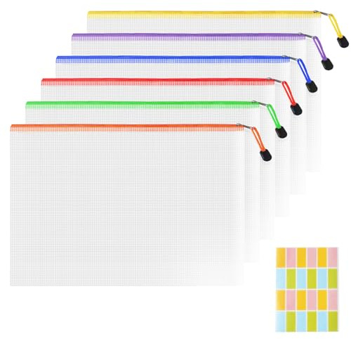 Plastic Wallets A4 Zip Folders - 6PCS Waterproof Zip Lock Bags Document Wallet Zipper File Bag Mesh Zipped Pouch Bags for School, Office, Home and Travel (6 Colors)