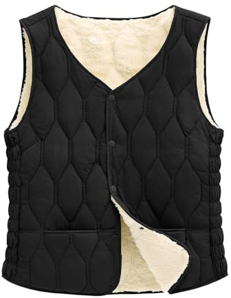 CMTOP Women's Gilets Fleece Lined Soft Gilet for Women UK, Lightweight Padded Body Warmer V-Neck Button Sleeveless Jacket, Cozy Quilted Gilet Outerwear Vest with Pockets(Black,L)