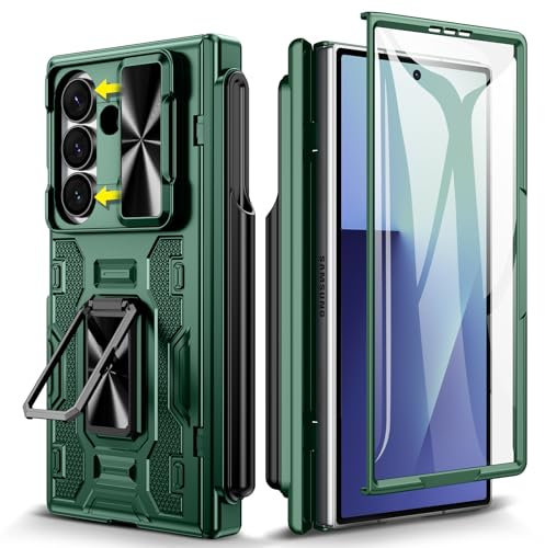 Doeshine for Samsung Galaxy Z Fold 7 Case with 360° Rotate Ring Kickstand & Screen Protector, Camera Cover & S-Pen Holder (No S-Pen), Magnetic Hinge Protection, Shockproof Heavy Duty Cover (Green)