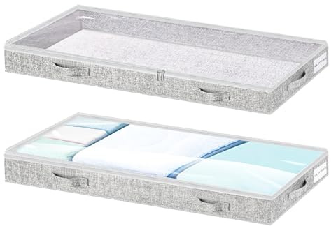 Tinharthy Low Profile Under Bed Storage, 3-Inch High Foldable Underbed Storage Bins with Lid & Zipper, No Structure, Super Slim Clothes Organizer for Crib Dorm Couch Low Bed, 2-Pack, Clear Top