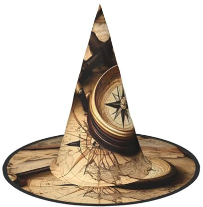 Lot de 3 chapeaux de sorcière d'Halloween avec boussole et carte du monde - Chapeau de sorcière flottant pour homme et femme - Accessoires de costume d'intérieur et d'extérieur - Décorations