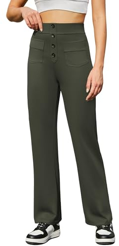 Friptspyg Pantalones Mujer de Yoga Anchos con Botones Bolsillos Recto Elástico para Uso Casual y Deporte, Verde Militar M