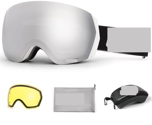 YXADGML Skidglasögon skidglasögon herr dam anti-fog skidglasögon snöglasögon vuxna snowboard glasögon med nattgula linser och fodral set (Wt silver set)