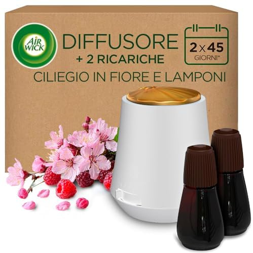 Air Wick Armonia Istantanea, Diffusore di Oli Essenziali con 2 Ricariche, Fragranza Ciliegio in Fiore e Lamponi, 2 x 20ml, Include 3 Pile AA