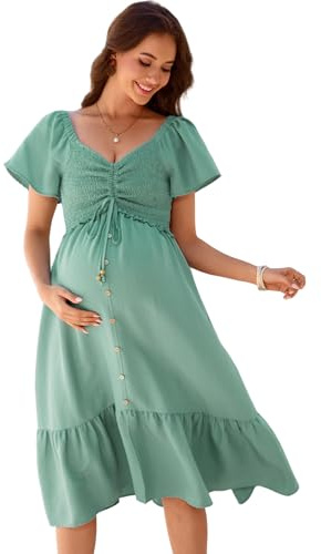 YesFashion Abiti premaman da donna, a maniche corte, estivi, per gravidanza, con volant, maxi abito da allattamento, verde scuro, M
