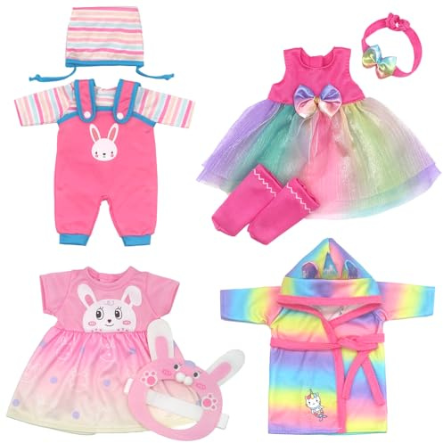 Doll Clothes for 10-14 Inch 30-36cm Baby Dolls, 4-pack Soft Outfits with Socks Hat Headband (Not Include Doll)