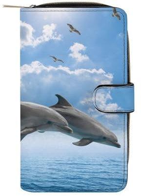 peiyeety Portafoglio sottile piccolo con simbolo del delfino che salta per donna e uomo, portafoglio RFID da donna, in microfibra di pelle con porta carte di credito e porta monete con cerniera