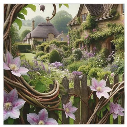 Clematis Twisting Up Fences Polyester Tablecloth 55x55in for English Countryside Homes