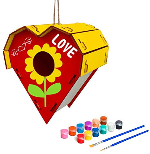 Juego de 12 Colores para Manualidades para niños, Casas de Madera, Kit de casa para pájaros de Madera con Pintura, Proyecto de Manualidades Creativo para niños, Actividades al (En Forma de corazón: