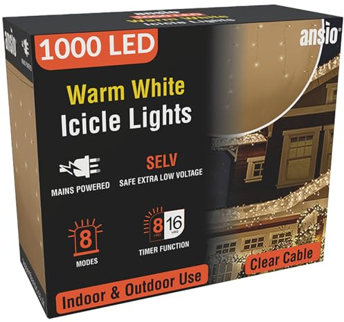 ANSIO Icicle Outdoor Christmas Lights 1000 LED, Warm White, Clear Cable | 35m/112ft Icicle Lights Outdoor & Indoor Decorations String Fairy Outside Lights with Timer for Xmas Garden, Mains Powered