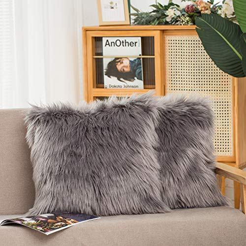 HYSEAS Set of 2 Decorative Faux Fur Throw Pillow Covers, Grey Fluffy Soft Fuzzy Square Cushion Cover Pillow Case for Sofa, Couch, Chair, Bed, Cafe, 18 x 18 Inches