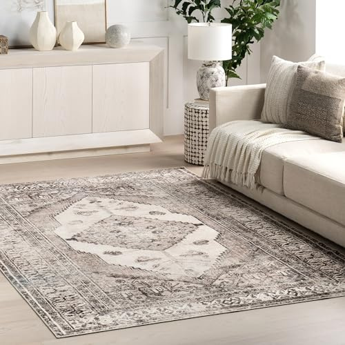 nuLOOM Gladys Teppich, maschinenwaschbar, Vintage-Medaillon, 1,2 x 1,8 m, Hellgrau
