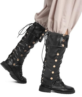 KUOIN Steampunk Boots Cover Faux Leather Pirate Cosplay Accessories Leg Covers (Black-F)