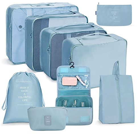 OSDUE Packing Cubes for Suitcases, 9PCS Travel Luggage Packing Organizers Waterproof Travel Essentials Bag Accessories Clothes Shoes Cosmetics Toiletries Storage Bags(B-Korean Blue)