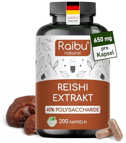 Reishi Kapseln Hochdosiert, 200 Kapseln, 650mg Reishi Extract - 40% Polysaccharide - 100 Tage Vorrat - Ganoderma Lucidum, Vegan, ohne Zusatzstoffe - Deutsche Produktion, Raibu Natural