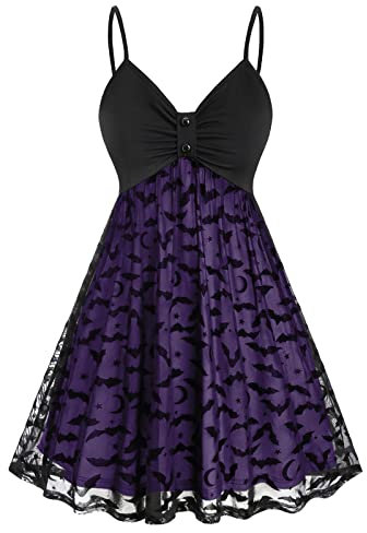 HOOUDO Mittelalter Kleidung Damen Frauen Vintage Halloween Print Sling Doppelschicht Chiffon Mesh V-Ausschnitt Kleid Vintage Kleid Rock Mittelalterlicher Kostümgürtel Für Herren