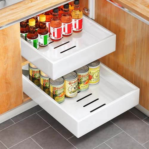 SAYZH Cajón Telescópico, Cajón Deslizante Para Alacena, Cajón de Cocina Extensible Desplegable, (25 cm de Ancho x 43 cm de Profundidad x 9 cm de Alto), Sin Necesidad de Taladrar Ni Clavar (Blanco)