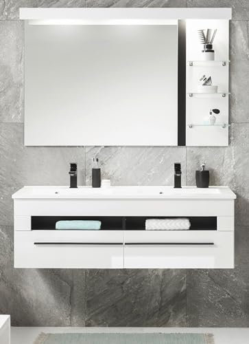 Badmöbel in weiß Hochglanz und schwarz Badkombination Waschtisch Set MIT Doppelwaschbecken, Doppel-Unterschrank und Spiegel 120 x 200 cm Design-D (Set 1)