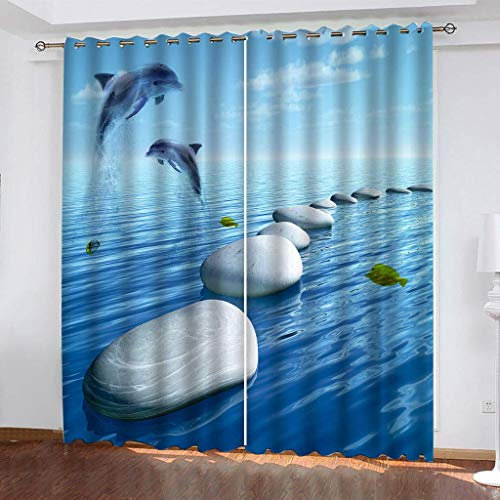 Vorhang Blickdicht Ösen 3D Walblaue Meereslandschaft Muster Kinderzimmer Jungen Mädchen 2Er Set 264X240cm (BxH) Vorhänge Wohnzimmer Schlafzimmer Thermovorhang Hitzeschutz Fenstergardinen Modern