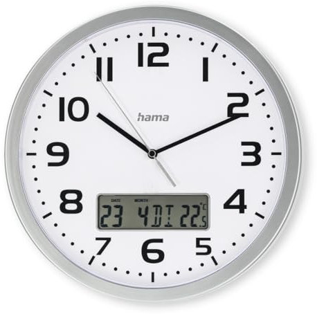 Hama Funkwanduhr Moorea (DCF Funkuhr, Digitale Anzeige von Datum u. Temperatur, Zeitzone einstellbar, Ø 30cm, großes Ziffernblatt, analoge Wanduhr, Sekundenzeiger, 7 Sprachen, inkl. Batterie) Silber