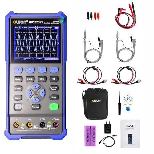 OWON Handoszilloskop Multimeter, 2-Kanäle, 200MHz Bandbreite, 1GS/s Abtastrate, 20000 Zähler, 3 in 1 tragbares digitales Automobiloszilloskop, Spannung, Strom, Kondensator HDS2202S