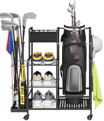 Lifewit Golf Bag Organizer, 1Golf Bag Stand, Golf Club Holder with Wheels, 4 Removable Hooks, Shoe racks for Golf Equipment Accessories, Golf Organizers and Storage for Garage, Basement, Shed