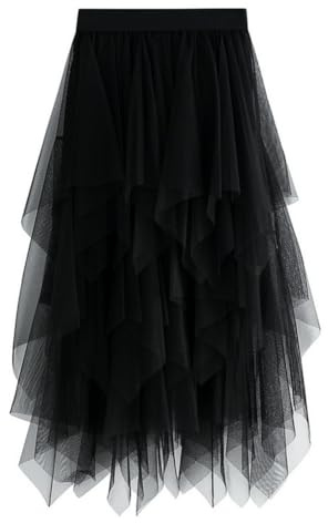 shownicer Jupe Plissée en Tulle Asymétrique Tulle Jupe Courtes Jupes Midi Jupe Vintage A Noir XXL