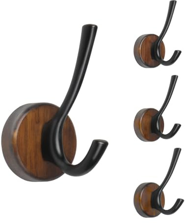 kuaima Coat Hooks Wall Mount, Round Walnut Wood Wall Hanger with Metal Double Hooks, Towel Robe Hooks Heavy Duty, Small, 4 Pcs