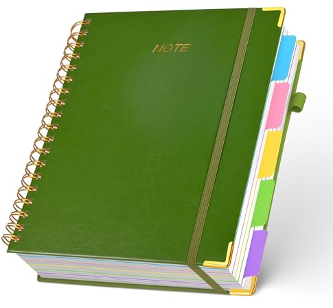 FREBLASO 5 Subject Notebook with Removable Dividers Tabs, 300 Pages Leather Hardcover Spiral Notebook College Ruled, 8x10 Large B5 Notebooks for Work School, Lined Journal for Women, Black
