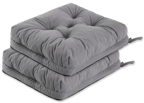 PRIMEPATIO Sitzkissen, 2er Set Stuhlkissen aus Cordstoff, Memory Foam mit Doppel-Layer Design, Befestigungsriemen & Tacker-Design, Pflegeleicht für Esszimmer & Bürostühle, 40x40x8cm, Hellgrau