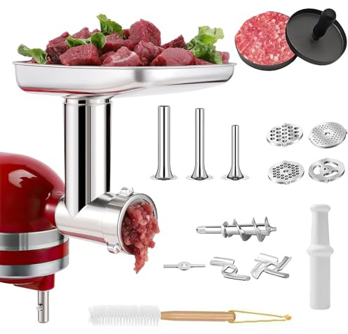 Accessorio Tritacarne per KitchenAid Robot da Cucina, Accessorio Tritacarne in Acciaio Inossidabile Include Insaccatrice, Spazzola per la Pulizia, Set Affettatrice/Sminuzzatrice per KitchenAid