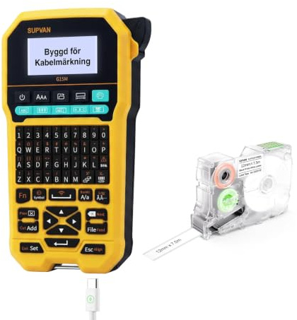 SUPVAN G15M Etikettskrivare med QWERTY-Tangentbord & APP (Android & iOS) | 11 Etiketttyper, Bakgrundsbelyst, 4-Raders Utskrift, 3 Etikettgenvägar, Uppladdningsbar, Smal Marginal, för Hem & Utomhus