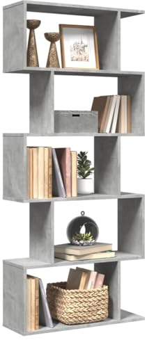 QZZCED Scaffale divisorio per ambienti a 5 livelli in legno di ingegneria colore grigio cemento 70 x 24 x 161 cm, struttura geometrica con stoccaggio a gradini, mobile organizer