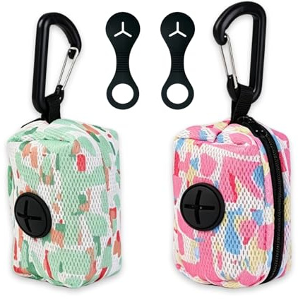 2Pcs Poo Bag Dispenser and 2Pcs Poo Bag Holder for Dogs Lead, Portable Dog Poop Bags Holder, Lightweight and Durable Poop Bags Dispenser for Walking Hiking Camping(Pink, Green)