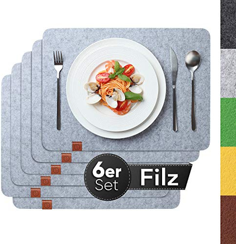Sidorenko Tischsets aus Filz beidseitig hellgrau 44x32cm - 6er Set - Platzsets Waschbar- Filzuntersetzer für Esstisch, Küche & Alltag - Platzdeckchen rund - Tischuntersetzer - Filzmatte - Placemat