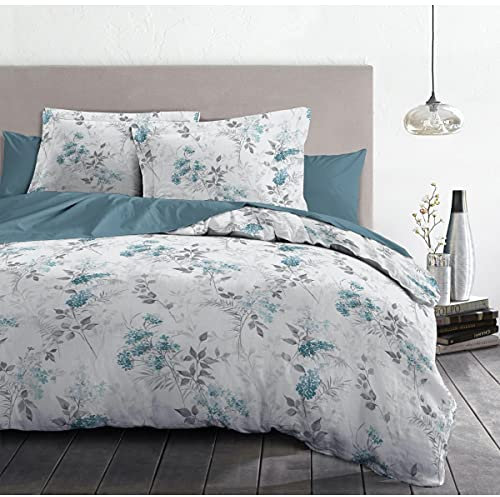 Home Linge Passion, Funda nórdica – 3 Piezas, 100% algodón, 57 Hilos, 2 Personas – 240 x 260 cm, Pompadour Blanco Arcilla y Azul HP62671