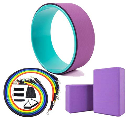 KuFit Yoga Wheel & 2 pcs Yoga Blocks & 5 pcs Resistance Bands Combo Value Pack-Purple