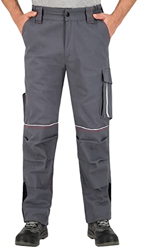 BWOLF Raptor Pantaloni da Lavoro Uomo 100% Cotone, Tasche Laterali Multifunzionali, Tasche Posteriori e Strisce Riflettenti, Grigio, L