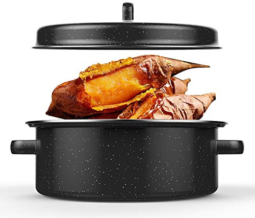 Qcwwy Sartén, Asador de Pavo con Tapa Y Estante Sartén Esmaltada para Asar Patatas Al Horno Castañas Barbacoa de Carne a la Barbacoa(28cm-Cubierta de Hierro)