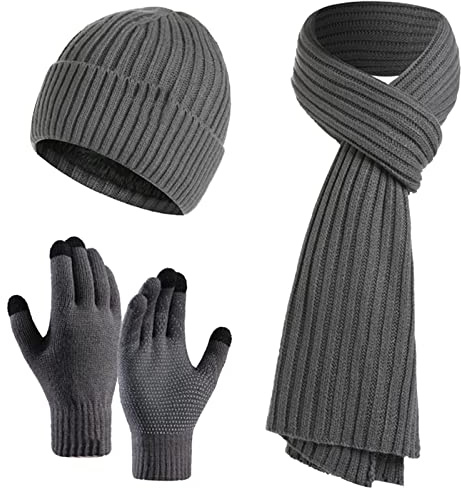 Jarseila Herren Mütze Schal und Handschuhe Set Winter Warme Wintermütze Touchscreen Handschuhe Winterschal Beanie mit Fleecefutter Strickmütze Unisex Grau