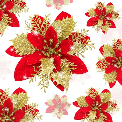 YSUVIN Poinsettia Rouge+Or Pailletées, 10 Pcs de Fleurs de Noël Artificielles avec Clips pour Noël, Mariage, Fête du Nouvel An (14cm)