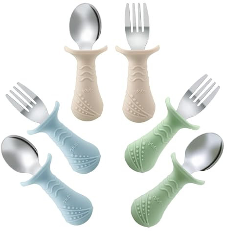 PandaEar 6 Stücke Kinderbesteck Esslernbesteck ab 1 jahr| Silikon Edelstahl Baby Besteckset Löffel Gabel mit Silikon Halten Anti-Choke Design, BPA Frei Lernbesteck