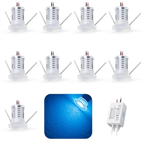 kpslucerna 9 uds Mini Foco LED 12V 1W, IP65 Impermeable RGB Small Spot Lights Empotrable, 15mm Downlight Spotlight Para Vitrinas Cuadros Pared Techo Escaleras Muebles Pasillos (Azul)