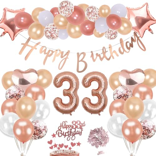 33 Cumpleaños Decoración Oro Rosa Kit Para Niña, Inflables Estrellas Corazón Numeros Gigantes Helio Globos Feliz Cumpleaños Decoración de la Torta Confeti Mesa Regalo Para 33 Años Mujer Hombre Fiesta