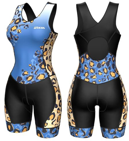 Wixen Race-Rückenanzug, Triathlon-Anzug für Damen, Einteiler, Tri-Anzug, Rennanzug, ärmellos, Schwimmen, Fahrrad, Laufen, Tri-Anzug, Damen, Blauer Leopard, Large