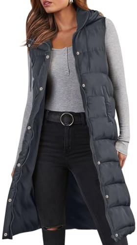 Minetom Gilet Piumino Lungo Donna Trapuntato Gilet con Cappuccio Giubbotto Invernale Senza Maniche Giubbino con Zip A Grigio Scuro XXL