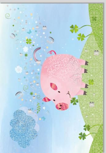 Viel-Glück-Karte Viel Erfolg - Charmante Karte mit Schweinchen, Kleeblättern & Sternen, Inspirierende Botschaft für Freunde, Hellblau & Grün - mit Umschlag